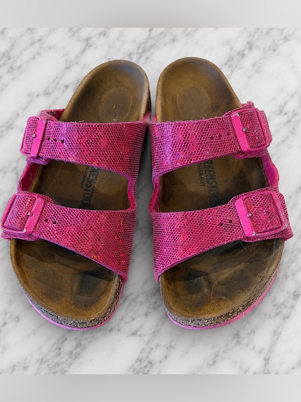 Birkenstock Arizona Kids Metallic Pink Shimmer Birko-Flor Sandals EU 32 2 Straps